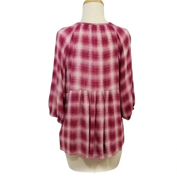 {Anthropologie} Maeve Calavon Peplum Top Burgundy Plaid - Picture 5 of 11